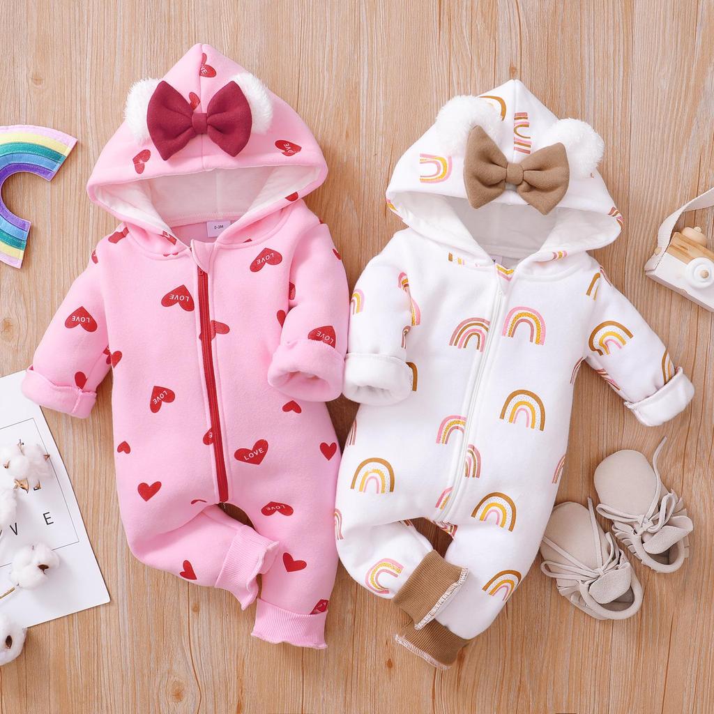 Kapuzen-Strampler für Babys und Kleinkinder: Reißverschluss mit Schleife, Erdbeerdesign, für 0-2 Jahre, Herbst/Winter Strampler.