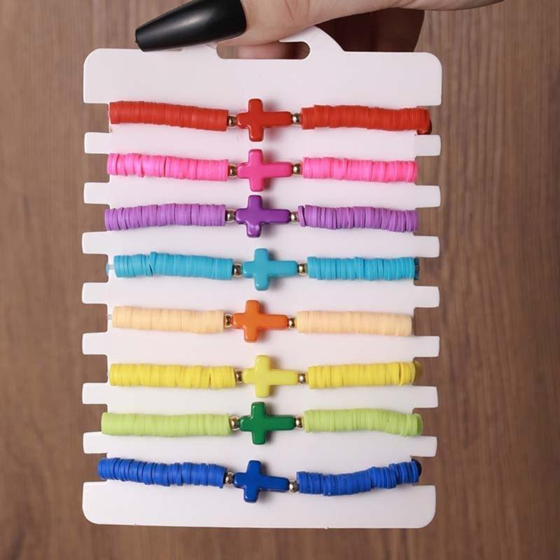 8pcs Bohemian Colorful Polymer Cross Bracelet New Beach Style Stretch Bracelets Set for Women Girls