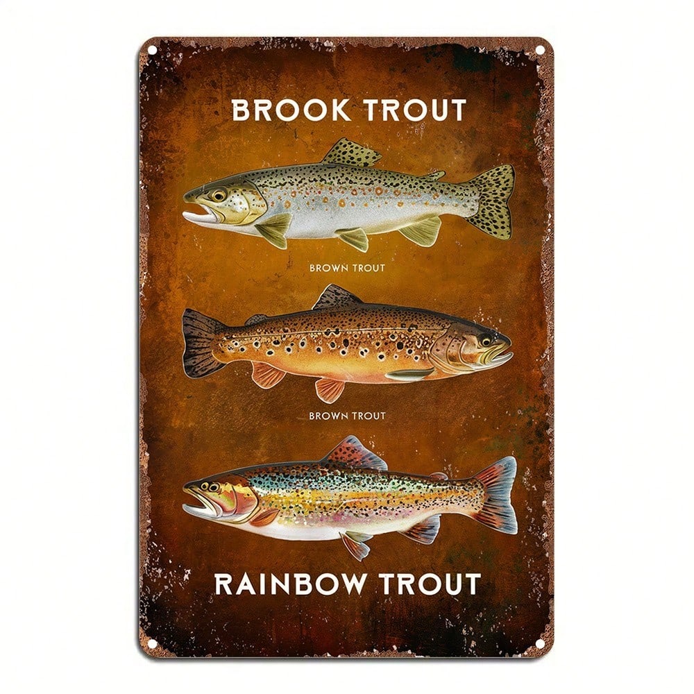 Vintage Fishing Trout Tin Sign Retro Metal Wall Art 8x12 Inches Home Bar Decor