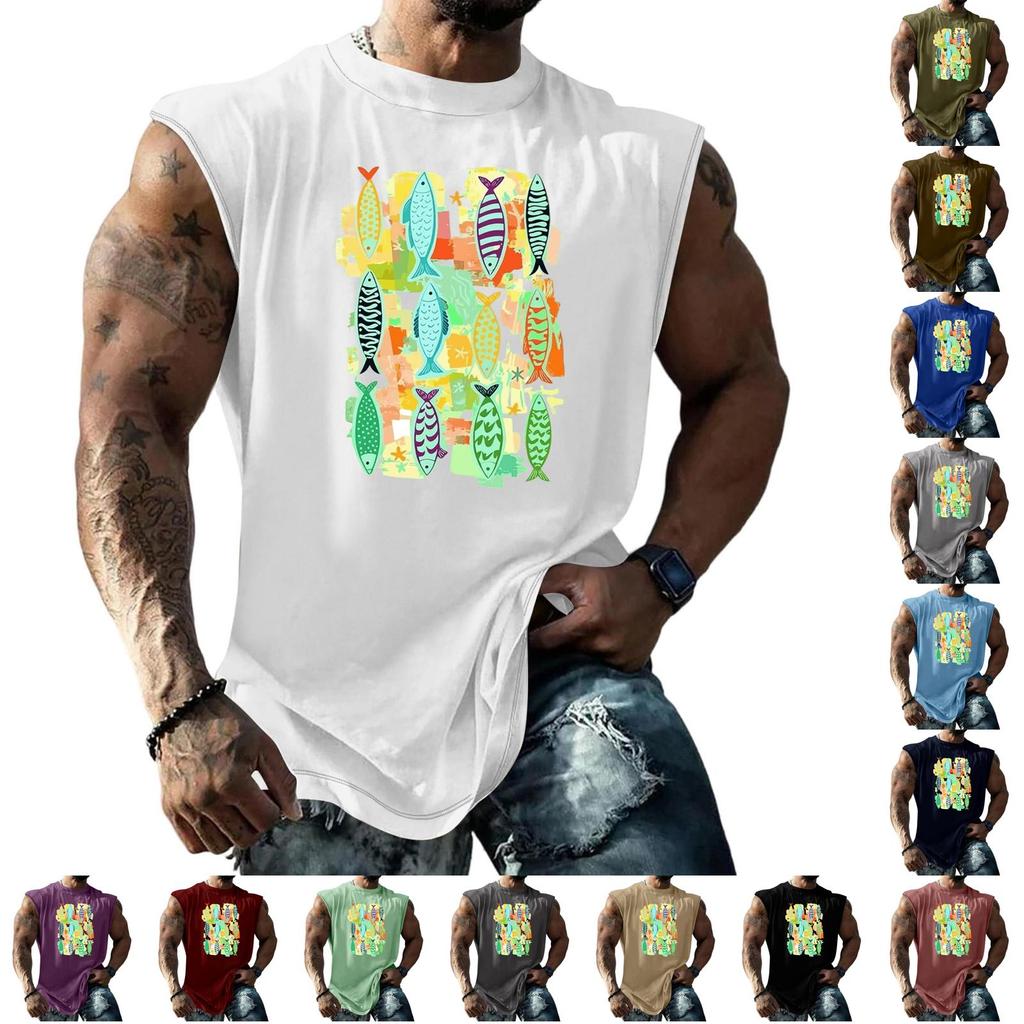 Men's Sleeveless Tank Top Loose Fit Vintage Texture Breathable Muscle Shirt Summer Streetwear Casual Daily Wear Printed Vest