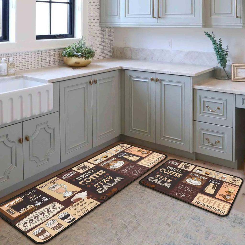 2pcs Kitchen Carpet Soft Anti-Slip Coffee Print Kitchen Decorative Mat Shower Room Door Mat Home Decoration