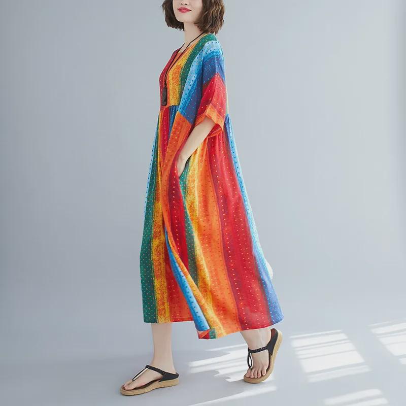 

2020 Summer Women s Striped Print Round Neck Swing Dress One Size