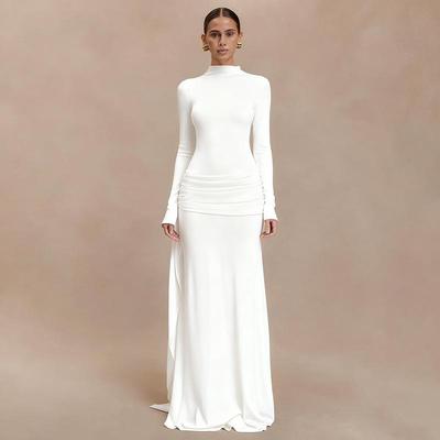 Elegant Women's Winter Long Dress with High Collar and Pleated Ruffle