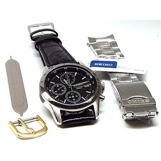 Chronograph Armbanduhr Echtleder Armband Set Inlands Seiko Offizielles Distributionsprodukt Schwarz SND367P1