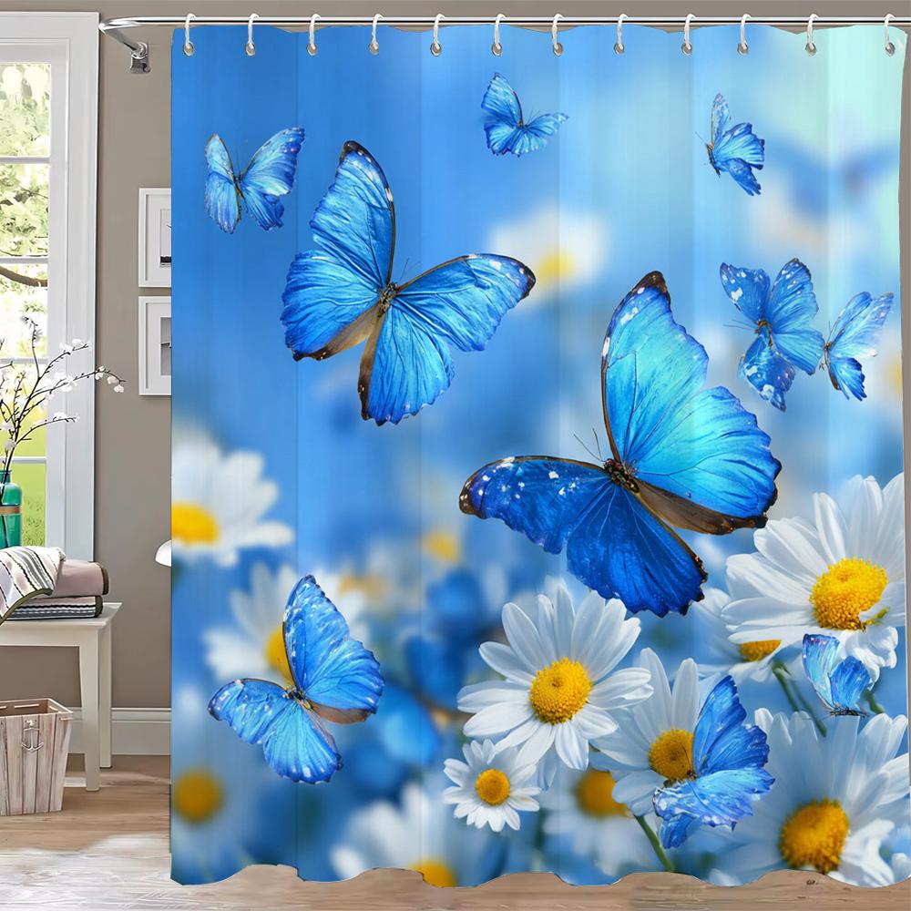 1 pc Colorful Flowers and Butterflies Print Shower Curtains With Hooks Bathroom Curtain Home Decoration Curtain Machine Washable