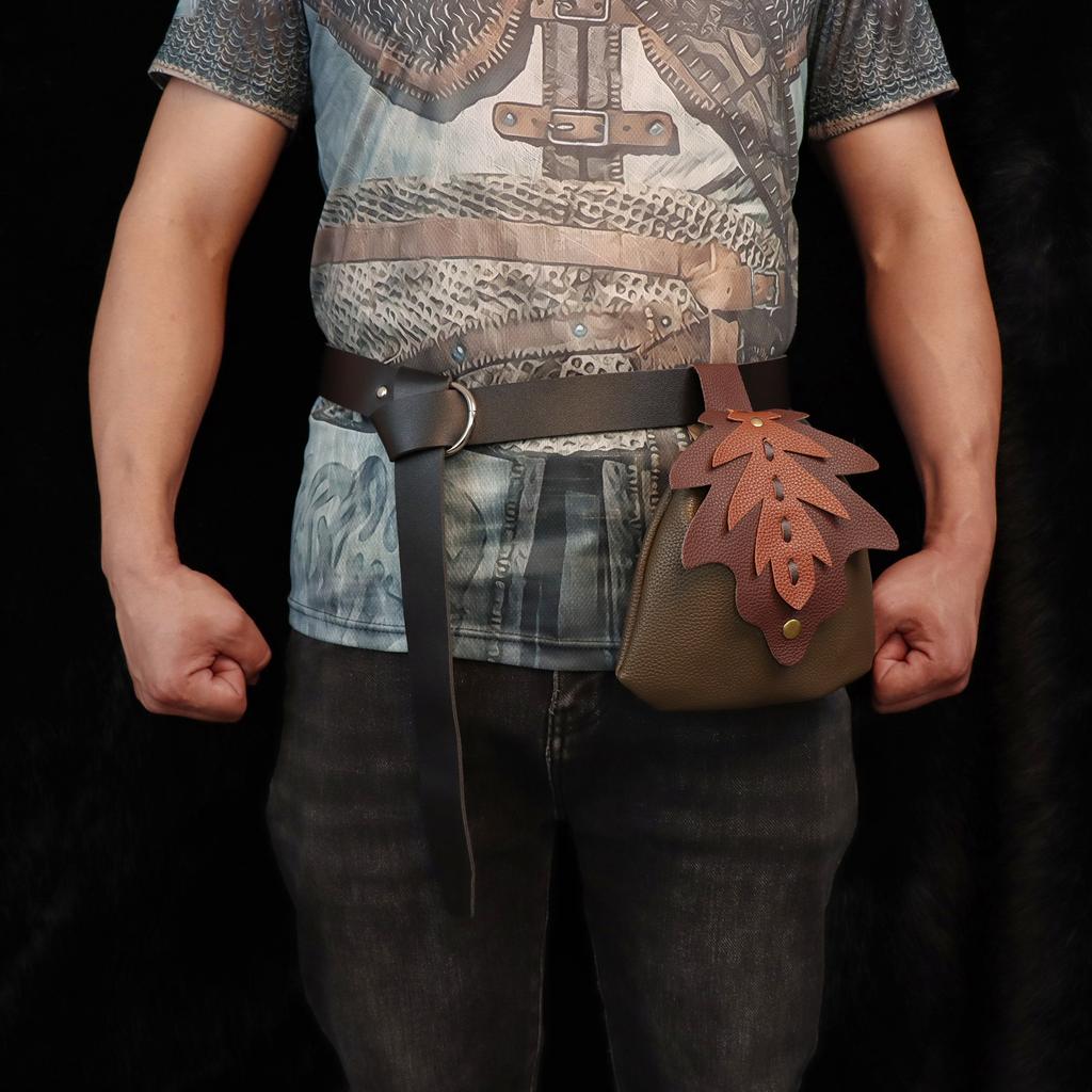 Two-piece Medieval Viking Plain Faux Leather Belt Crossbody Leaf Waist Bag Alchemist Suit Belt Role Play Accessories