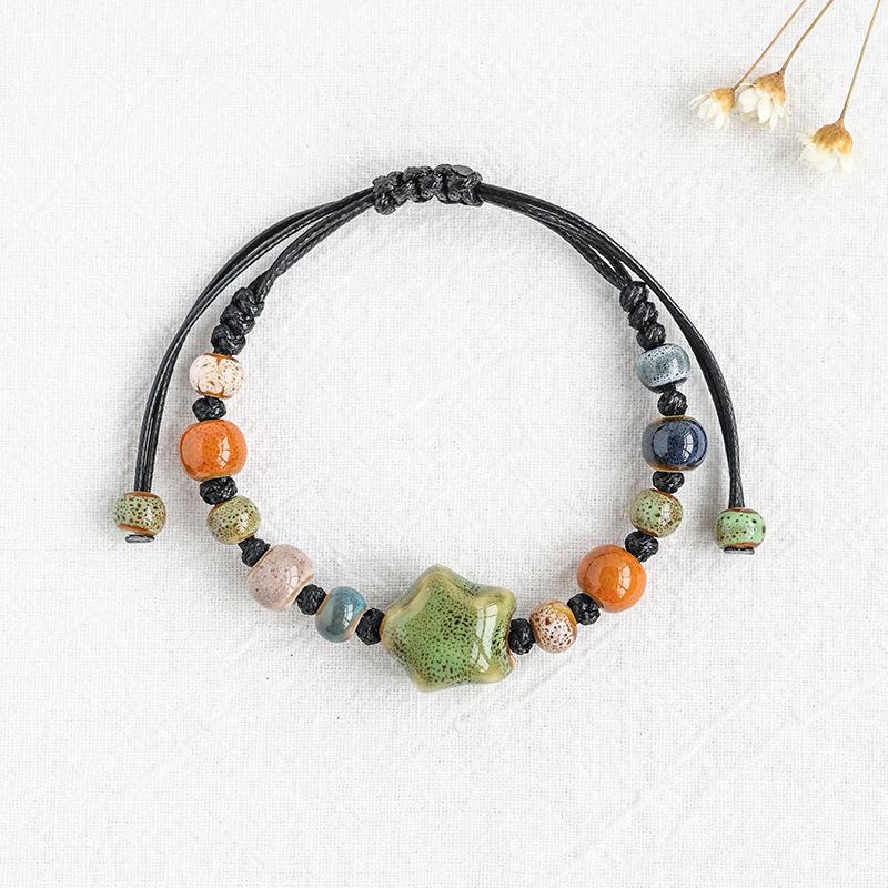 Kaseakia Handmade STAR Vintage Ceramic Stone Beads Wax Cord Adjustable Beaded Bracelets Bohemian Boho Jewelry for Women