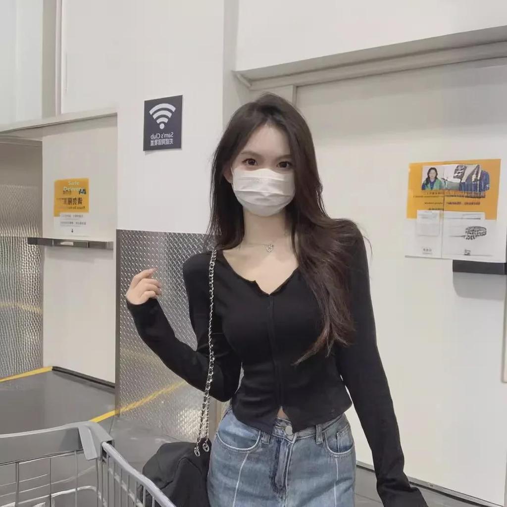 Korean Spring 2024 Split Long-Sleeve T-Shirt for Women
