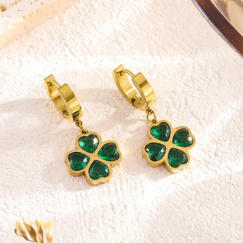 Emerald Four-Leaf Clover Zircon Bracelet & Clavicle Necklace with Titanium Steel Earrings for Women - Fade-Resistant