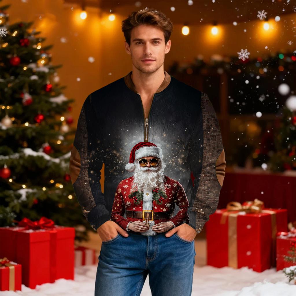 Mens Christmas Sweater Zip Up Sweatshirts Vintage Knit Graphic Sweatshirt Xmas Stand Collar Pullover