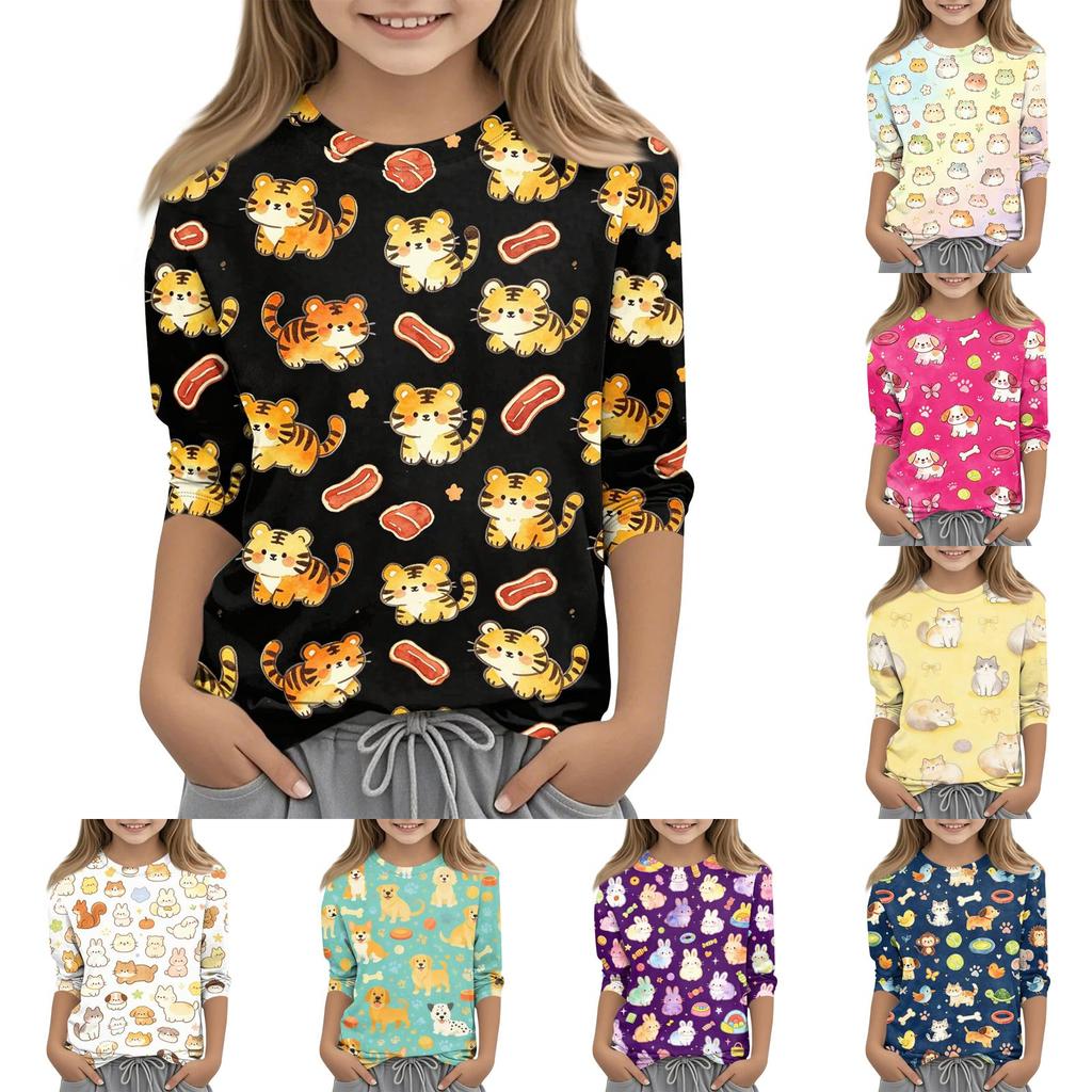 Kinder Tierdruck Rundhals Dreiviertelarm Lässiges T-Shirt Weicher Bequemer Stoff Geeignet für den Alltag und Spielzeit