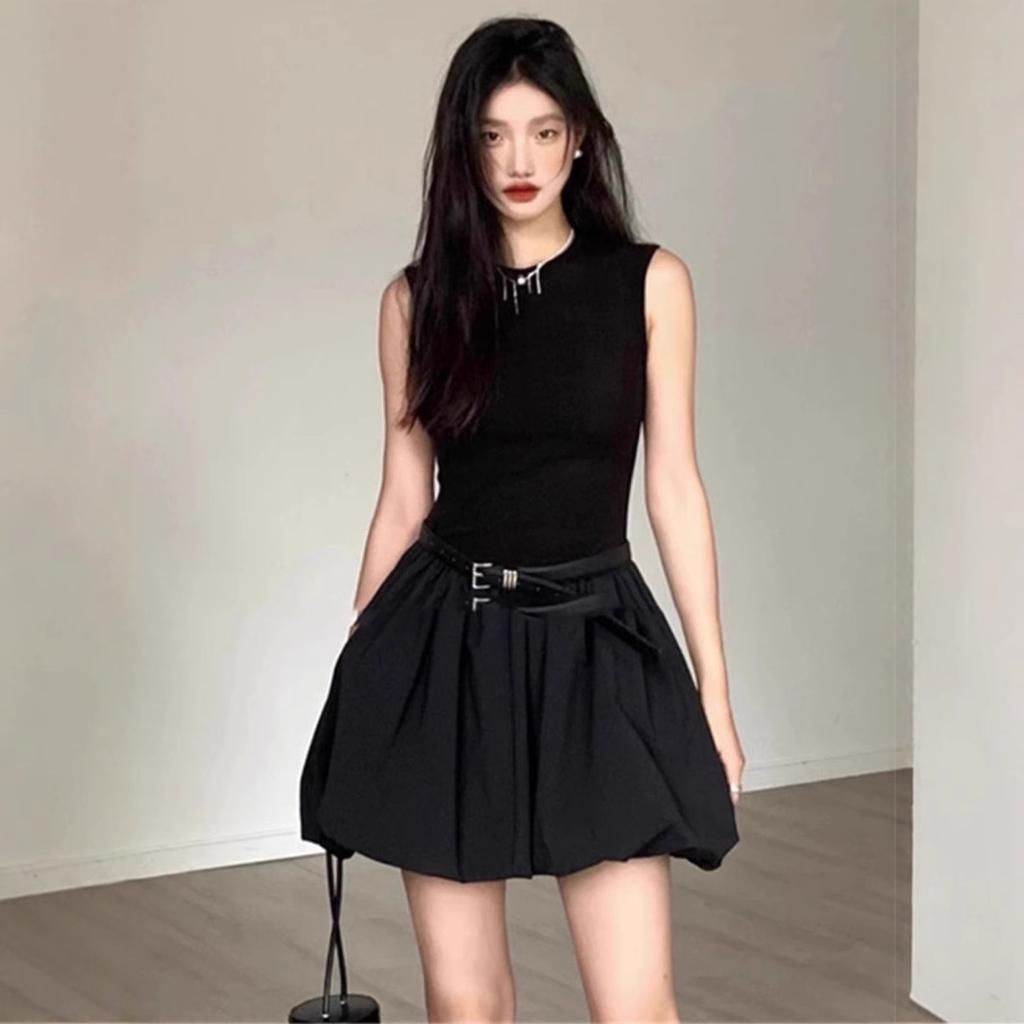 French Niche Black Sleeveless Dress Children's Summer Small Temperament Short Skirt High-end Waist Bud Skirt