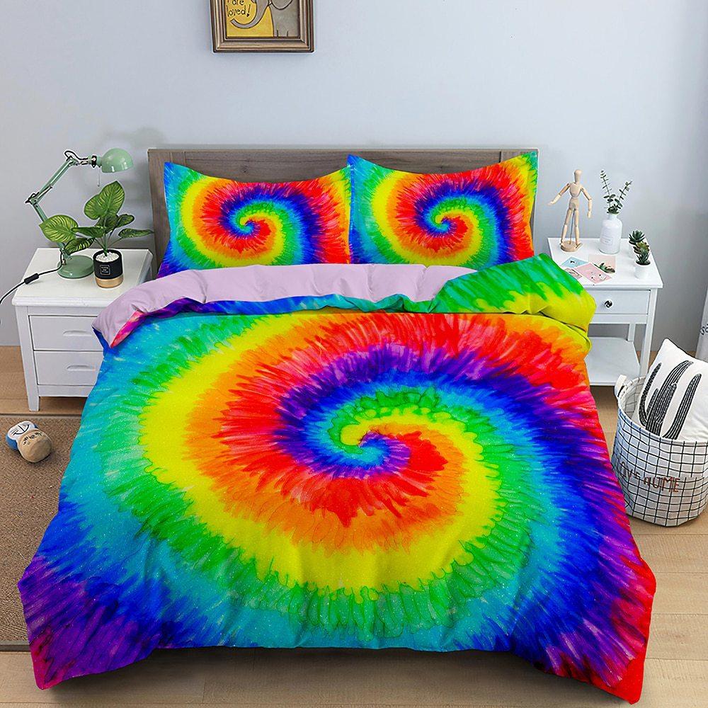 Three-Piece 3D Digital Printing Rainbow Color Striped Quilt Set Three-Piece Bedding