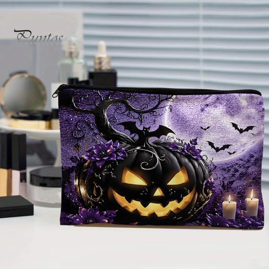 Washable Storage Pouch Bag, with Halloween Pattern Print, Smooth Zipper Durable Canvas Dust-proof Container Organizer, Portable Stationery Case,