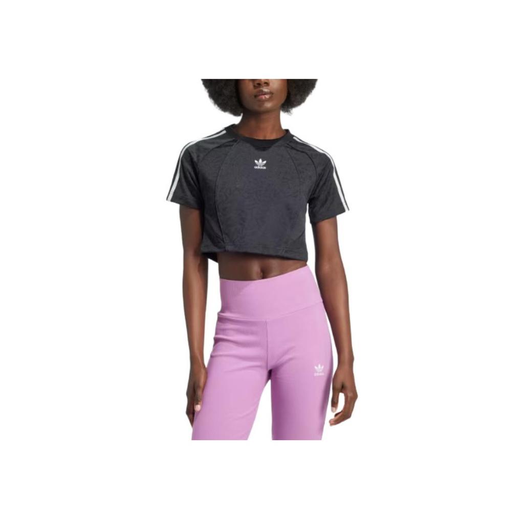 adidas Originals Logo Print Short Sleeve Crop T-Shirt Women Tops Black IW5476