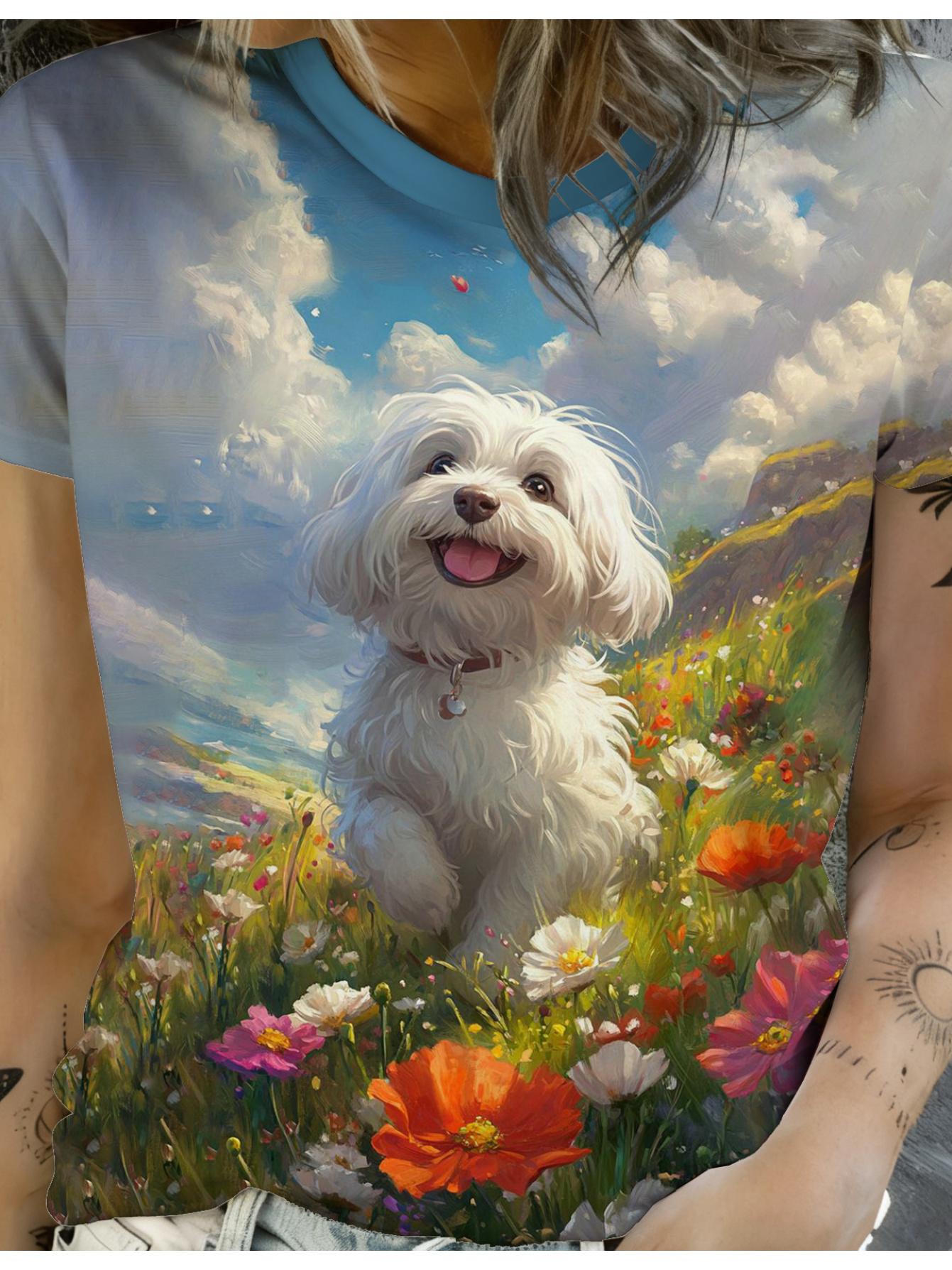 

New Spring And Summer Collection Featuring a Cheerful. Fluffy White Puppy on a Wildflower Prairie - a Printed T-Shirt That Is a Must-Have for Eye-Catc S дубильная кора