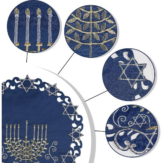 OWENIE Hanukkah Placemats Set of 4, Embroidered Chanukah Menorah Blue Round Placemats, Je Festival Holiday Party Table Decor Indoor Outdoor