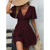 QICED Fashion Summer Spring Solid Color Print V-Neck Short Sleeve  Casual Dresses