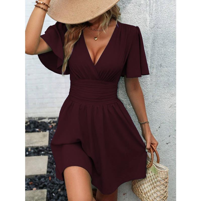 QICED Fashion Summer Spring Solid Color Print V-Neck Short Sleeve Casual Dresses