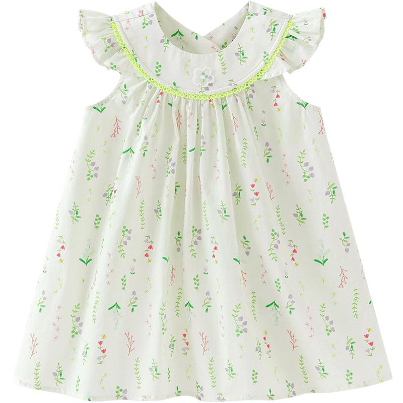 Minibala Girls' Summer Floral Cotton Flutter Sleeve Dress
