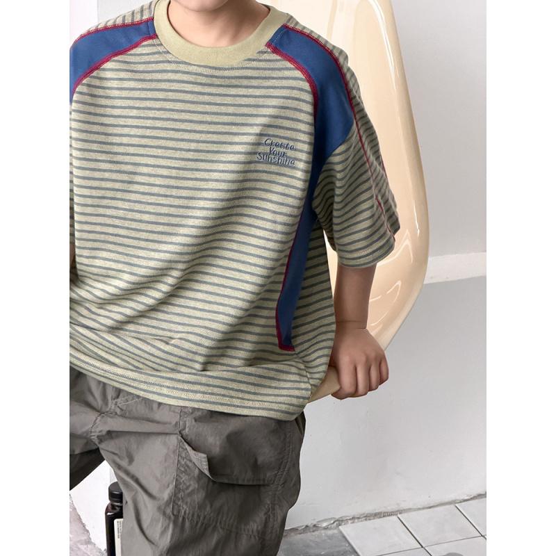 Outdoor Mountain-Style Boys' Summer Cool And Stylish Color-Blocked Striped Top Breathable Letter-Print Short-Sleeve T-Shirt For Older Children