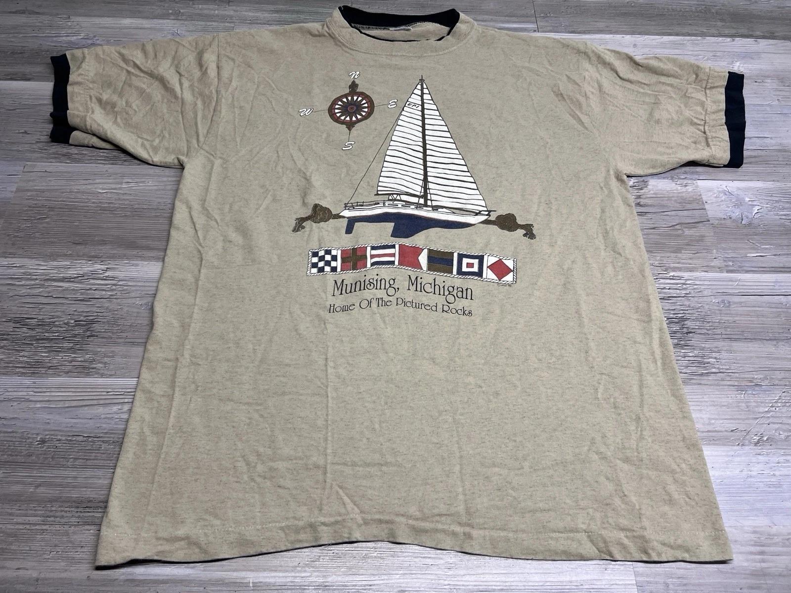 

Vintage Pictured Rock Munising Michigan Single Stitch Shirt Nautical Sailboat XL S