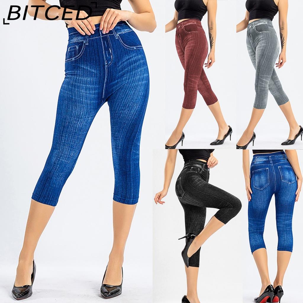 BITCED Women Denim Print Leggings Fashion Slim Leggings Faux Jeans Leggings Short Print Leggings Pants