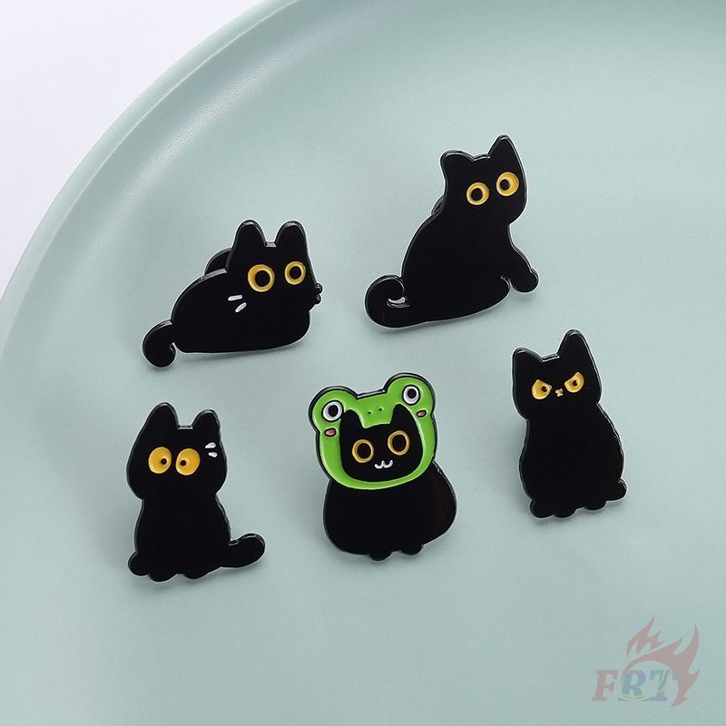 5Pcs/Set Yellow Eyes Black Cats Brooches - Doodle Enamel Backpack Button Pins Badges