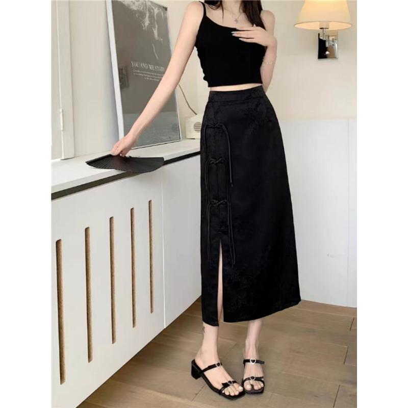 New Chinese Style Buckle Versatile Temperament Slit Skirt Summer New Retro High Waist Mid-length Skirt