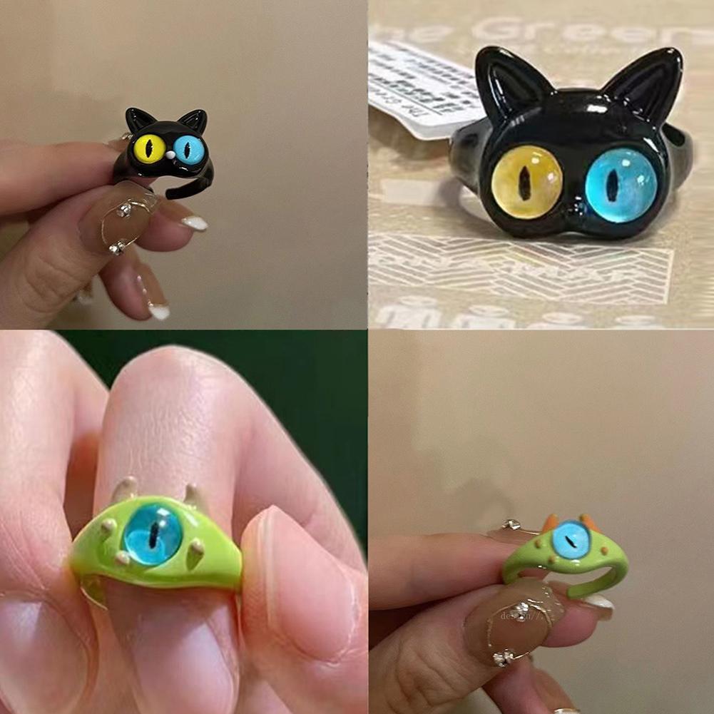 Funny Black Cat Green Monster Ring Fashionable Personalized Opening Adjustable Ring Jewelry Accessory