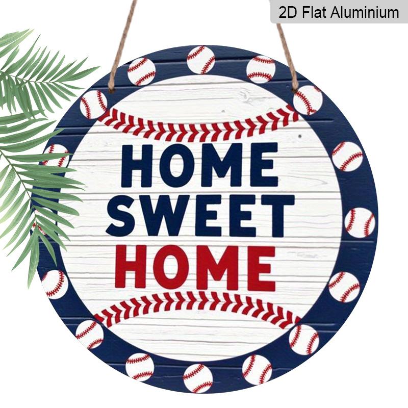 2D Flat 1pc, 8x8 in, Sweet Home Round Aluminum Metal Sign - Vibrant Baseball & Greenery Design, Rustic Blue & White Wall Art for Living Room