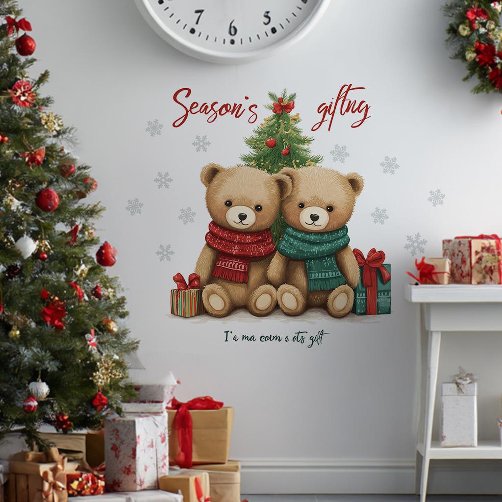 Christmas Cartoon Bear Christmas Tree Stickers, Christmas Room Decoration Wall Stickers