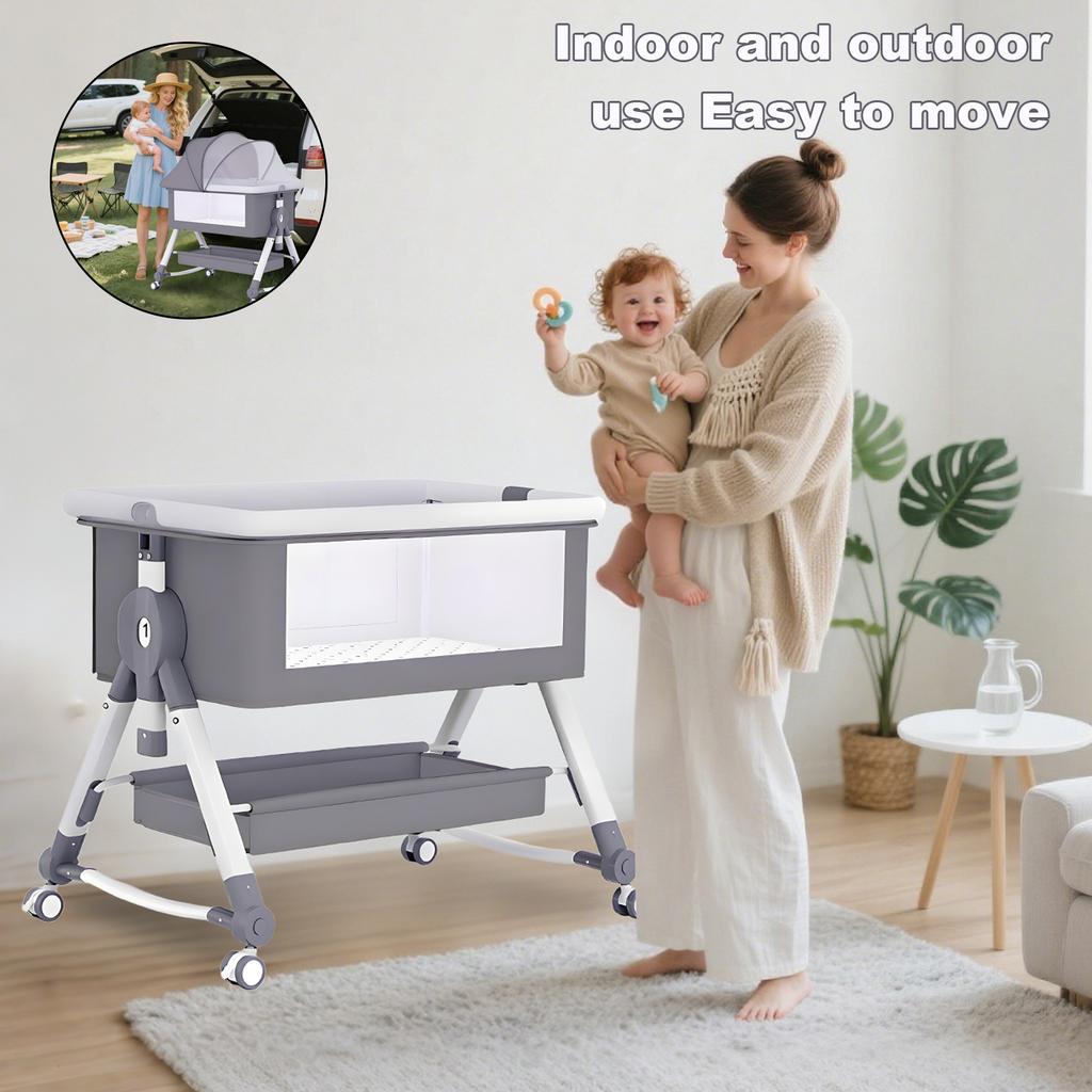Bedside Bassinet for Baby Unisex Portable Travel Cribs with Wheels 3 in 1 Crib Foldable Height Adjustment Movable Bedside Swing