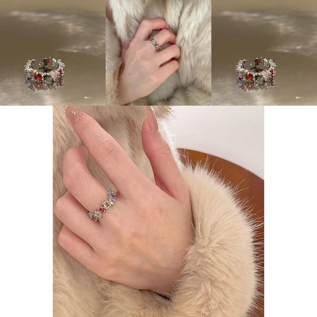 Color Trendy Rainbow Zircon Adjustable Open Ring For Women Fashionable Geometric Design 2023