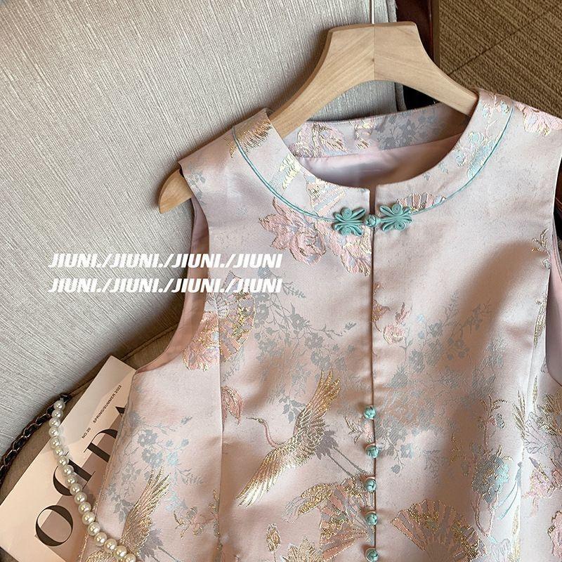 Retro Style Bronzing Jacquard Disc Buckle Vest Women's Clothing Spring and Autumn Thin Style Antique Style Outer Sleeveless Top