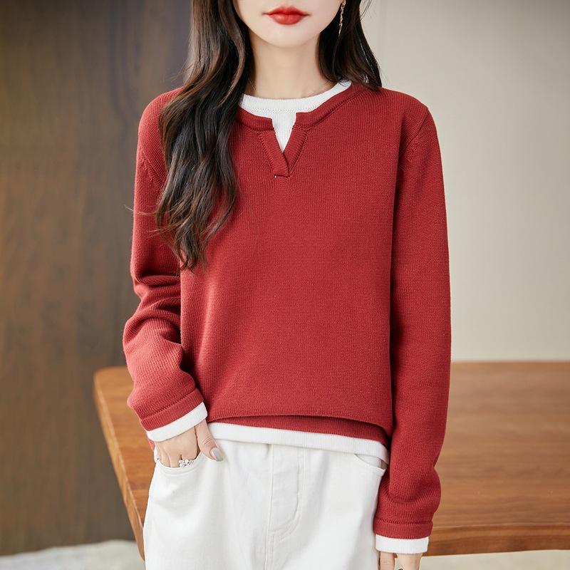 

Два предмета нового осенне-зимнего вязаного свитера с круглым вырезом и длинными рукавами для женщин, многоцветный свободный пуловер, базовый слой XL красный