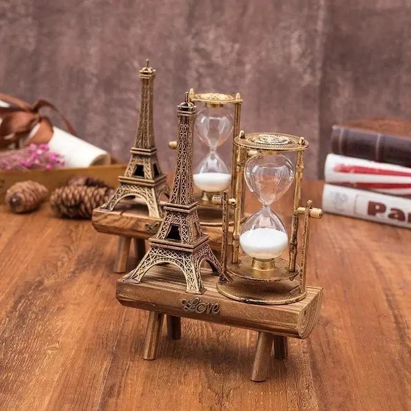 New Creative Retro Iron Tower Hourglass Ornaments Simple Modern Home Study Wooden Pendulum Clock Hourglass Ornaments Home Supply