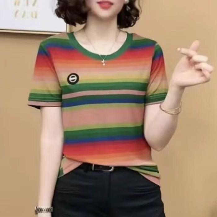 

Новая летняя футболка с коротким рукавом, полосатая, модная, с круглым вырезом, футболка для мамы, приталенный топ 5XL