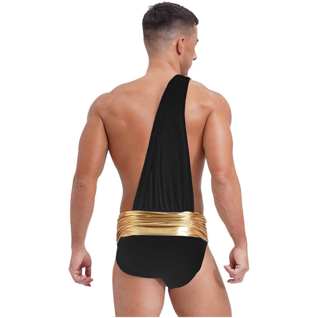 Mens Ancient Greek Roman One Shoulder Metallic Belt Briefs Toga Jumpsuit