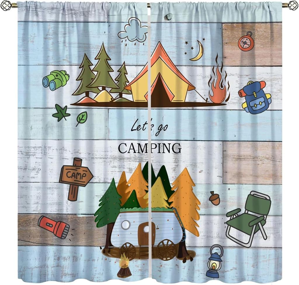 Retro Happy Camper Curta,Rustic Wood Plank Camping Travel Trailer Blackout Rod Pocket Window Curtain,For Boys Girls Living