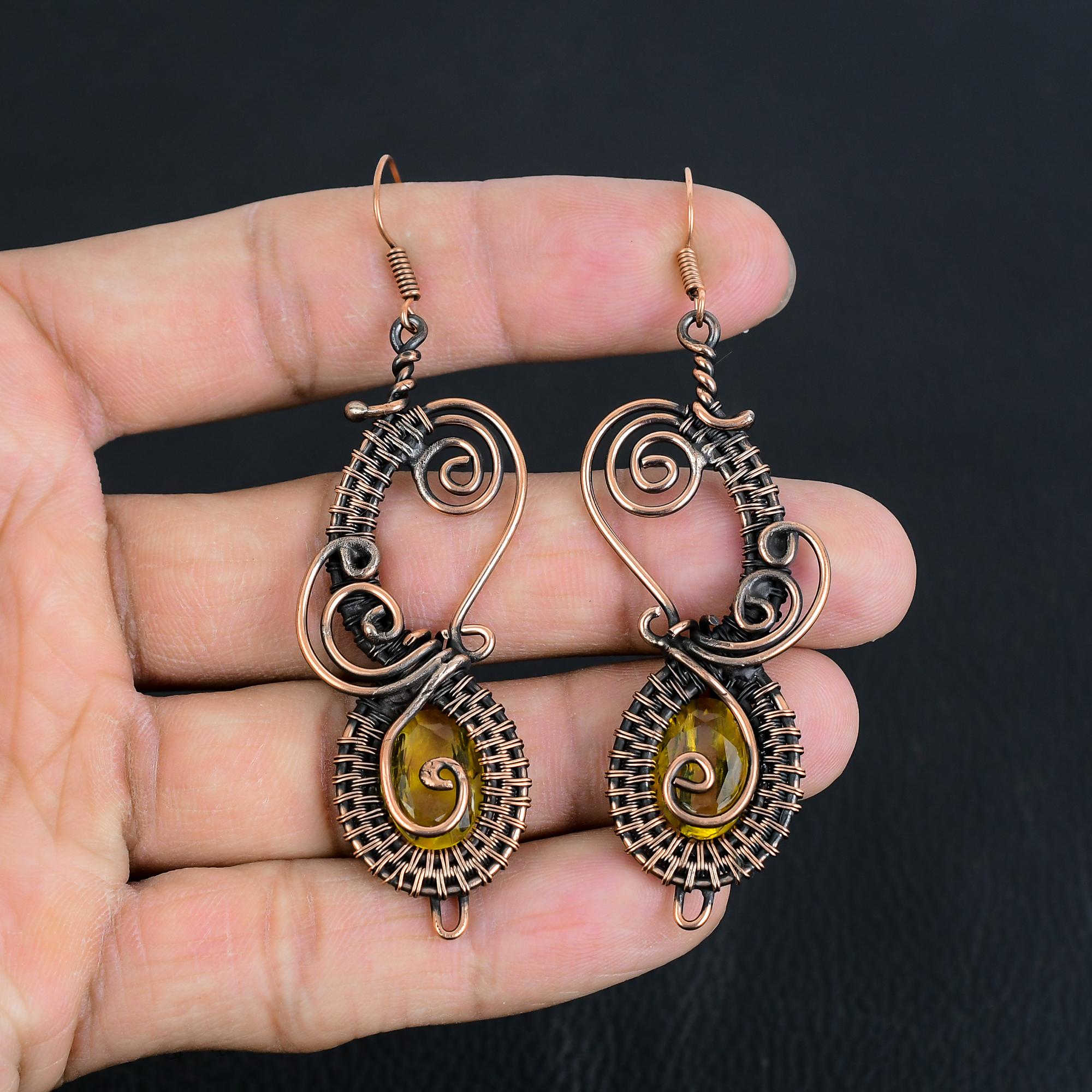 

Серьги с цитрином, Ювелирные изделия из драгоценных камней, обернутые медной проволокой 999 пробы, Серьги ручной работы, На День благодарения 3.07 Inches