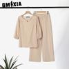 GMXIA Plus Size Women Casual Button Mid Sleeve Pocket Solid Colour Cotton V-Neck Top Pants Set