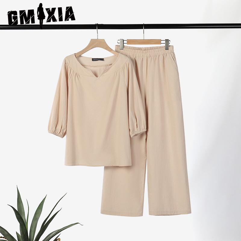 GMXIA Plus Size Women Casual Button Mid Sleeve Pocket Solid Colour Cotton V-Neck Top Pants Set