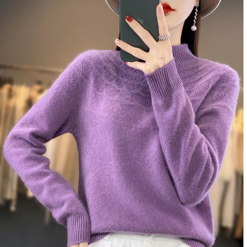 Seamless Knit Semi High Neck Women Long Sleeve Sweater Loose Fit Slimming Pullover Top