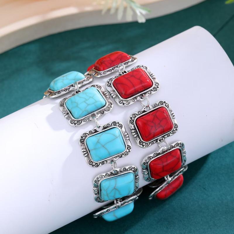 Retro Bohemian Ethnic Style Turquoise Personalized Geometric Carving Antique Silver Bracelet/Bangle For Women