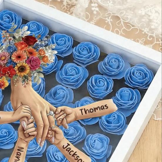 Personalized Mommy Holding Hands Shadow Box with Ring And Manicure Custom Names Floral Heart