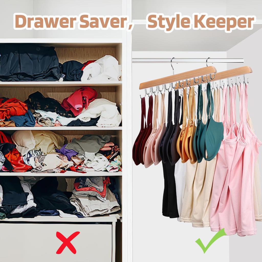 Storage Rack Holder Wooden Clothes Hanger with 20 Hooks Rotating Closet Organizer Space-Saving Hanger for Tank Tops Underwear