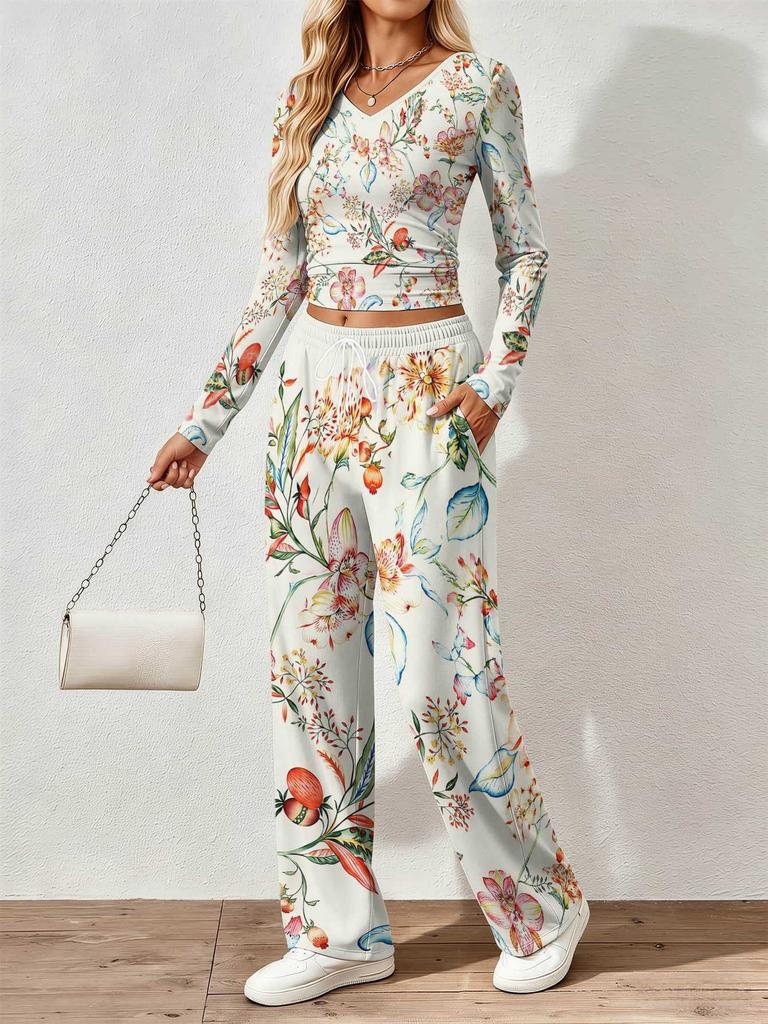 Floral pattern printed women's V-neck long-sleeved trousers set Comfortable casual versatile slim two-piece set