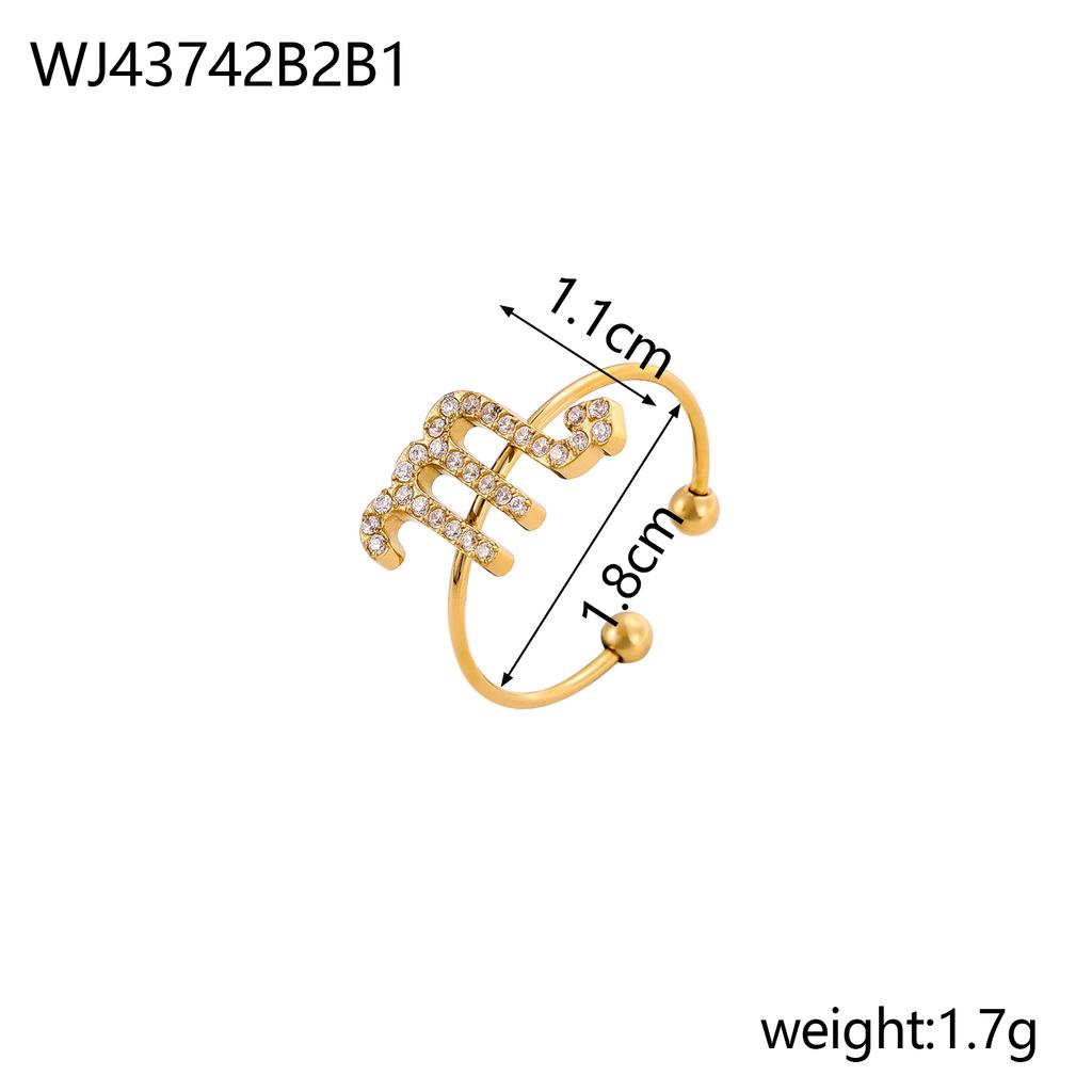 CARLIDANA Vintage Letter Heart Adjustable Gold Plated Stainless Steel 12 Zodiac Sign Zircon Letter Open Ring Jewelry Women