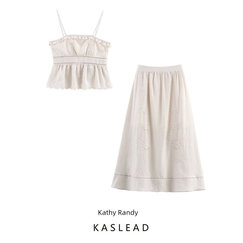 Kaslead New Women clothes Western Style Fashion Hollow Embroidered Top Skirt 8741080 8741081
